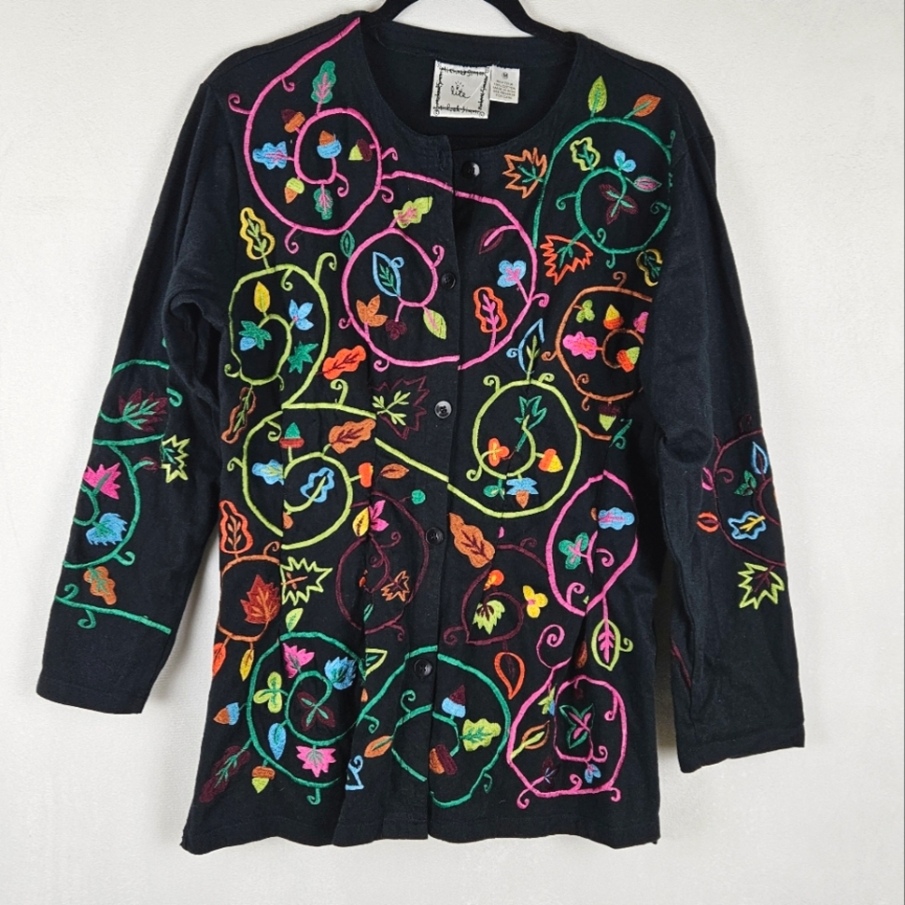 Michael Simon Embroidered Leaf Fall Art To Wear Button Front Cardigan Sweater M